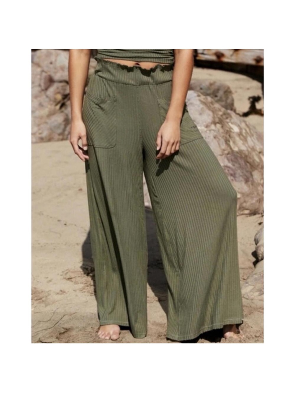 Free People Olive Green Ribbed Wide Leg Pants
